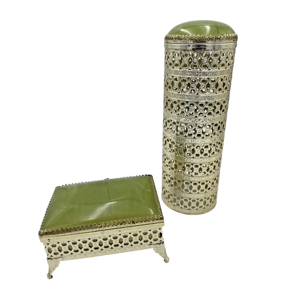 Vtg Gold Gilt Filigree Ormolu Metal Hairspray Cover & Trinket‎ Box Green Lucite